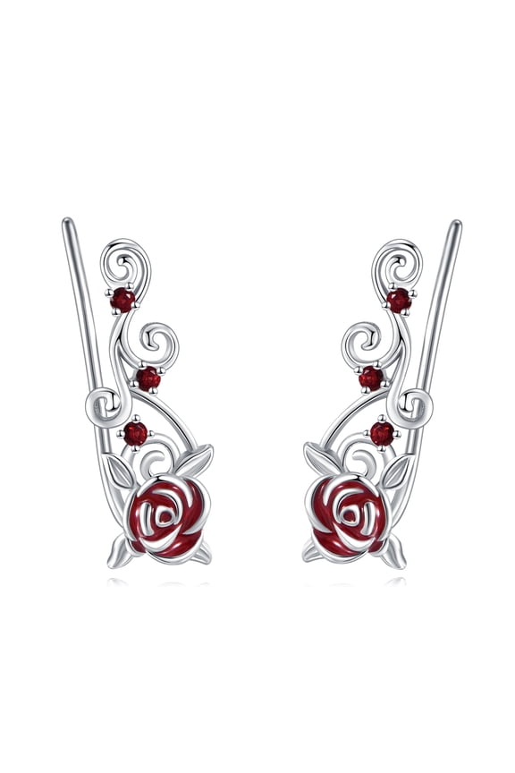 Red Rose Flower Ear Climber Earrings Sterling Silver Ear Crawler Earrings for Women Birthday Gifts