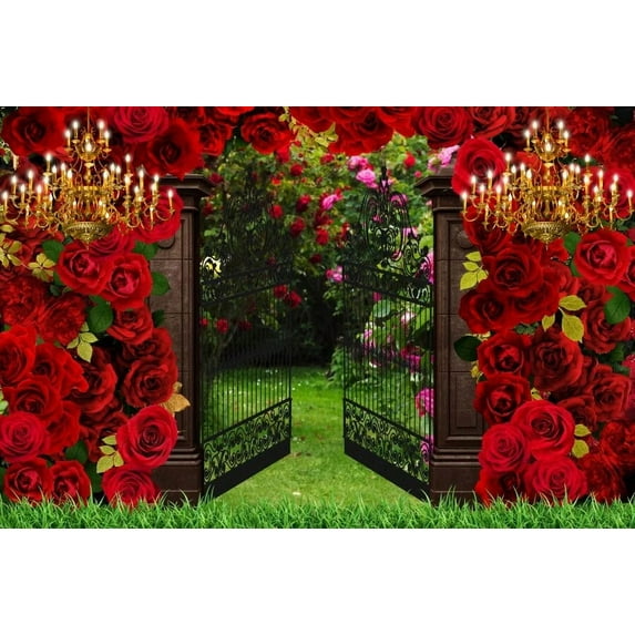 Red Rose Flower Garden Backdrop Spring Floral Vintage Gate Floral Wedding Bridal Party Portait Photography Background