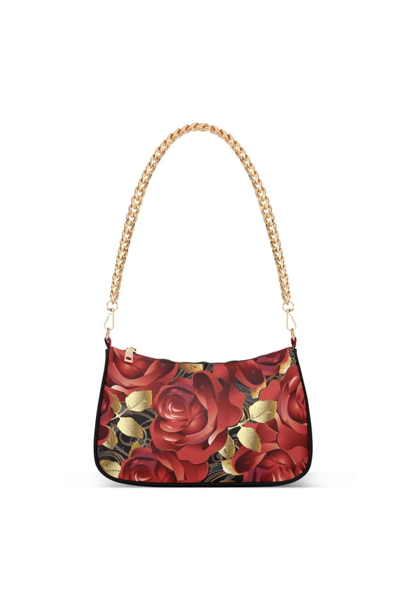 Red Rose Flower Gold Leaf Womens Chain Shoulder Bag Tote Handbag Clutch Hobo Purse with Zipper for Travel Casual
