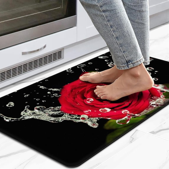 Red Rose Flower Kitchen Rugs,Black Anti Fatigue Mats for Kitchen Floor Cushioned,Non Slip Waterproof Memory Foam Mat for Bedroom,Office,Bathroom,Sink 17.3 * 29 Inches