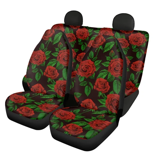 Red Rose Flower Printing Car Seat Cover Full Set for Women Front and