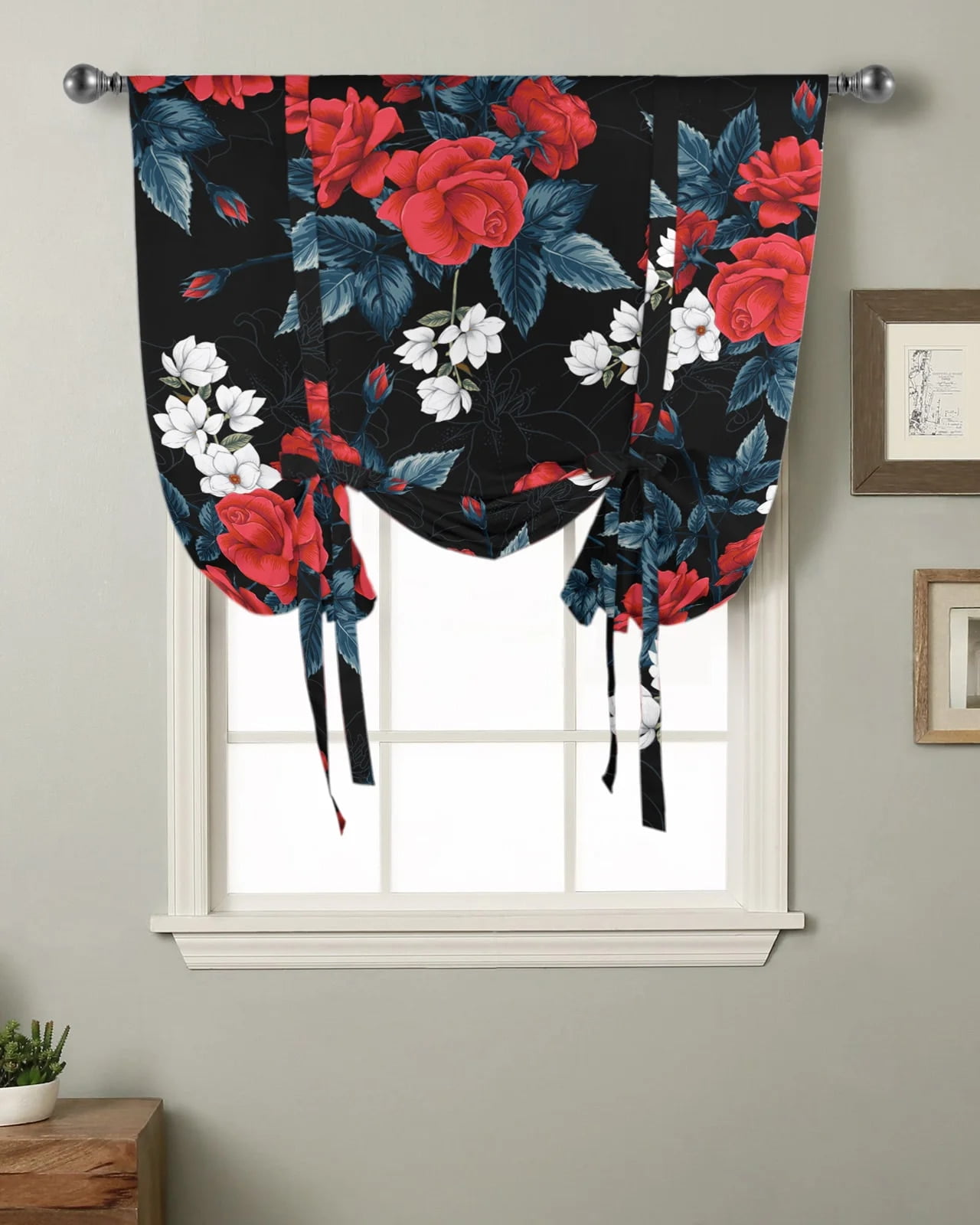 Red Rose Flower Retro Lines Kitchen Short Window Curtain Rod Pocket ...