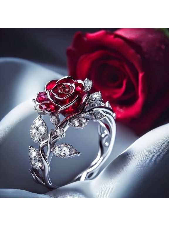 Red Rose Flower Ring for Women, Silver Tone Vine Leaf Band with Ruby Red Gemstone & Cubic Zirconia Accents, Romantic Statement Jewelry for Valentine's Day, Anniversary, Birthday & Daily Wear