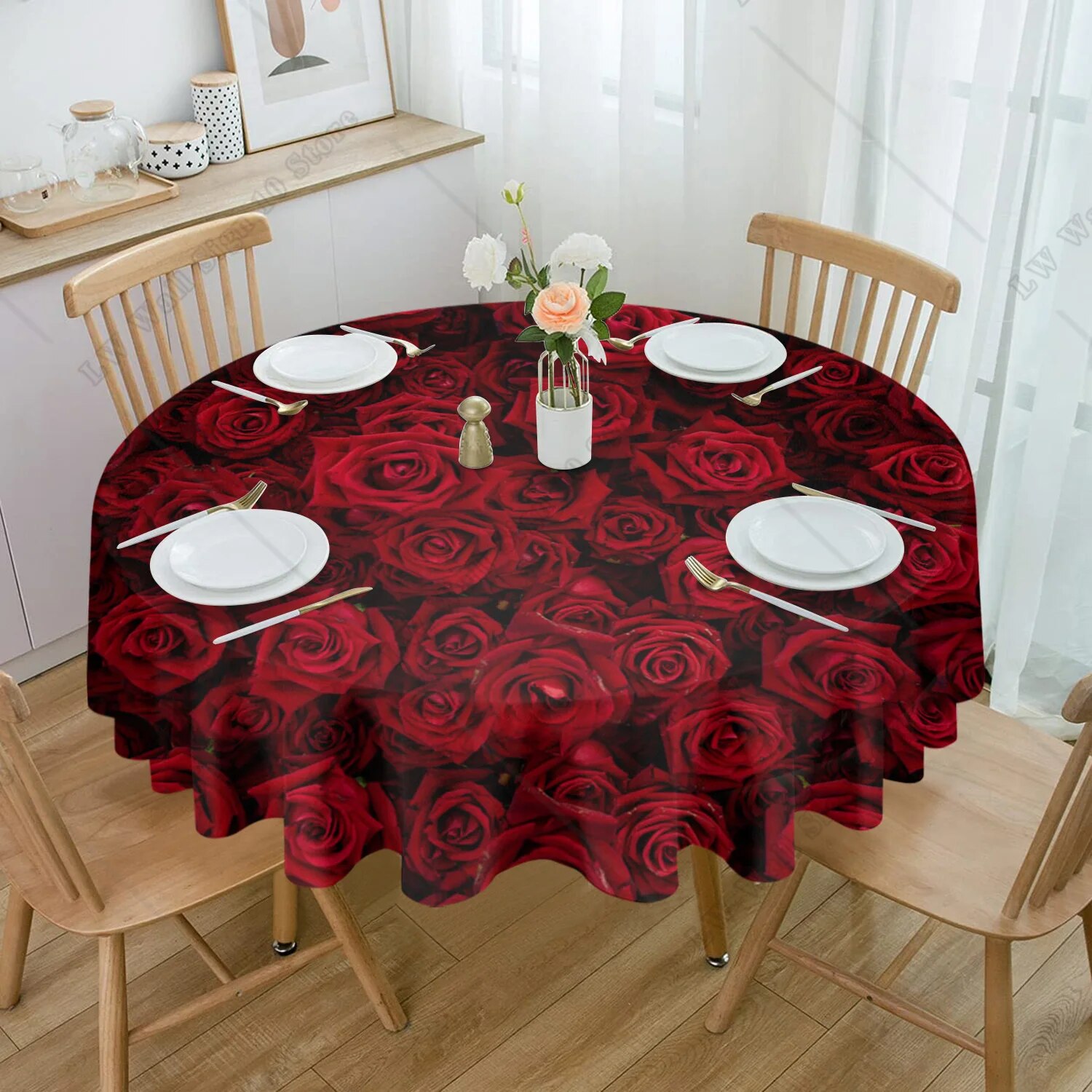 Red Rose Flower Round Tablecloths for Dining Table Waterproof Table
