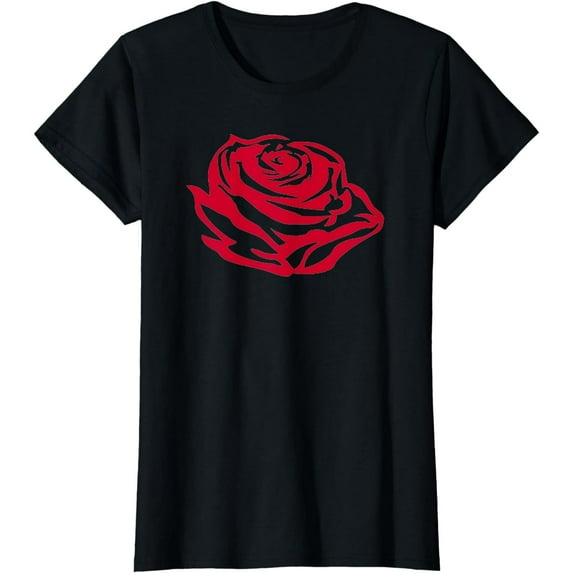 Red Rose Flower Short Sleeve Round Neck Black T-shirt Gift