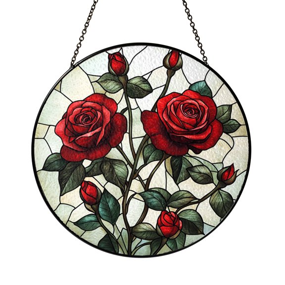 Red Rose Flower Stained Glass Suncatcher Graceful Flowing Petals Window Hanging Classic Floral Home Accent
