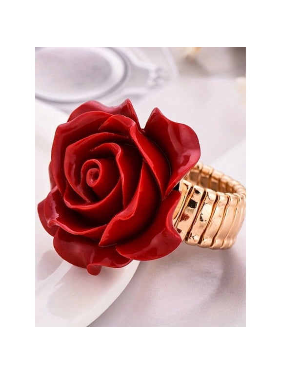 Red Rose Flower Statement Ring, Goldtone Adjustable Floral Jewelry For Bridal, Valentines Day Or Mothers Day Gift