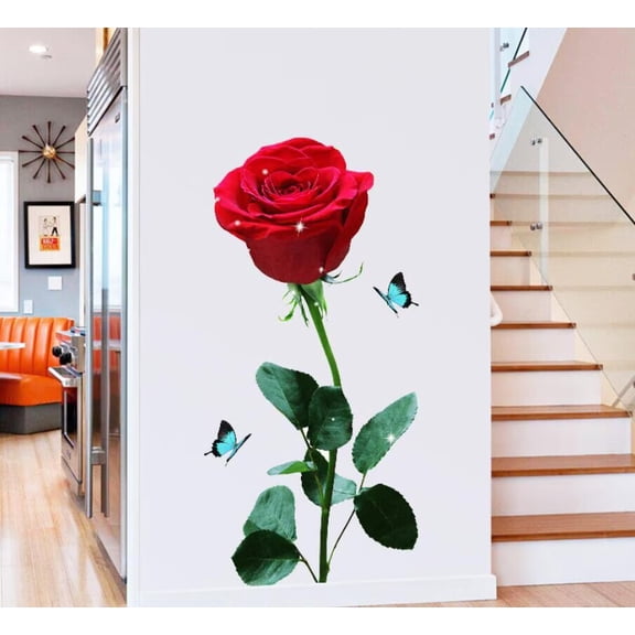 Red Rose Flower Wall Stickers Rose Wall Decals DIY Wall Art Murals Peel and Stick Removable Wall Stickers Girls Woman Wedding Room Bedroom Bedside Backdrop Decorations