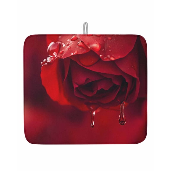 Red Rose Flower Water Droplets Dish Drying Mats for Kitchen Counter,Absorbent Microfiber Dish Drainer Rack Mat Blossom Floral Close-up Art Drying Pad for Sinks,Utensils,Countertops,16x18in