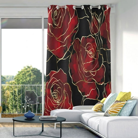 Red Rose Flower with Gold Blackout Curtains 84"x52" Thermal Insulated Curtain 1 Panel