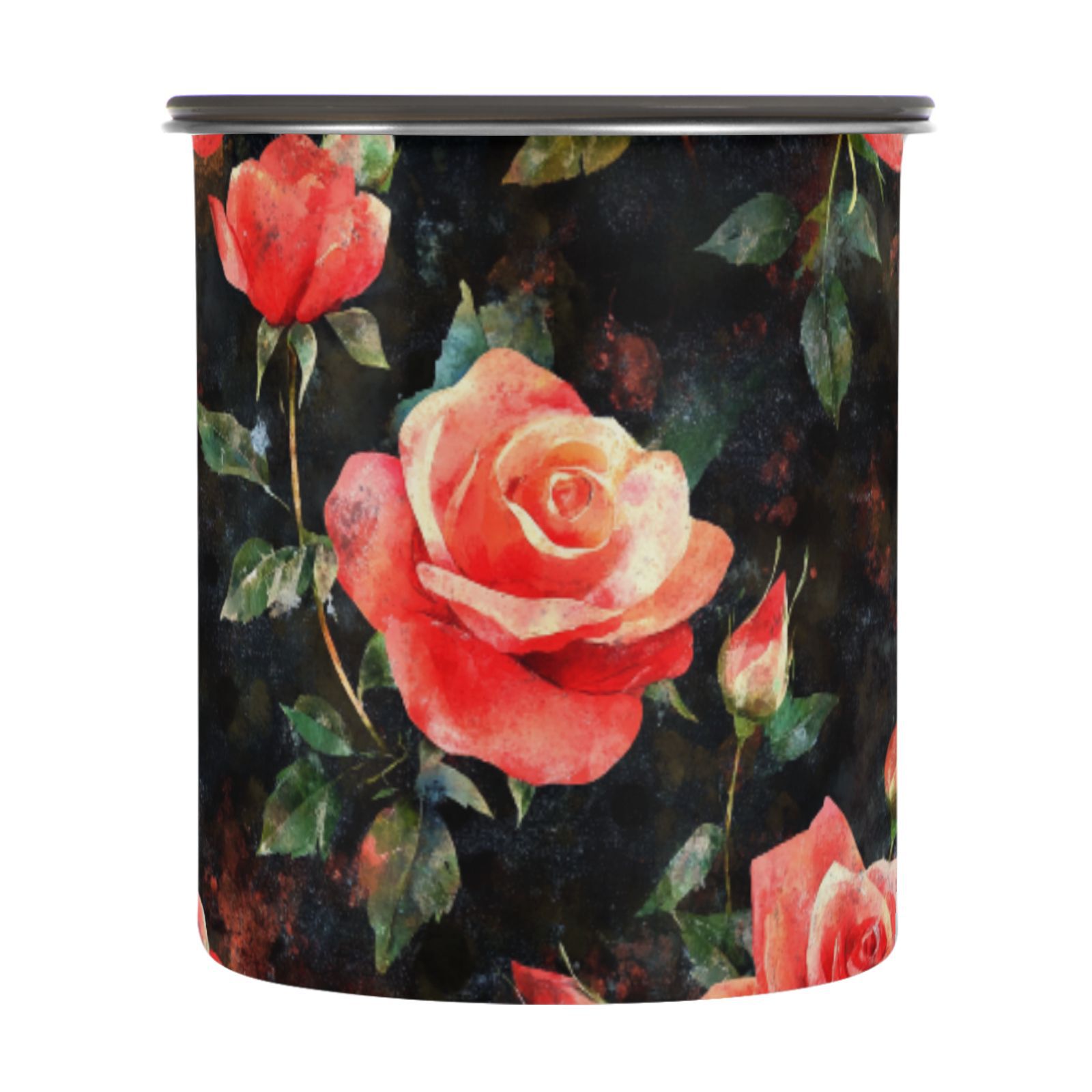 Red Rose Flowers Floral Airtight Coffee Bean Canister 30oz Food Storage Containers with Lids For Gournd, Tea, Sugar, Flour, Rice, Cereal, Candy Cookie Jar