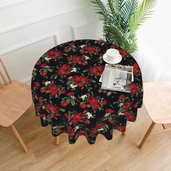 Red Rose Flowers Floral Pattern Tablecloth Round 60 Inch Table Cloth Cover Mat Holiday Party Decoration for Dining Room Home Kitchen Picnic