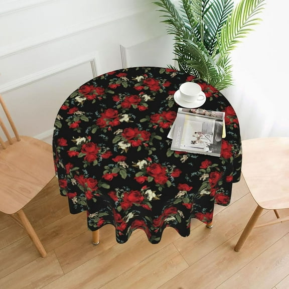 Red Rose Flowers Floral Pattern Tablecloth Round 60 Inch Table Cloth Cover Mat Holiday Party Decoration for Dining Room Home Kitchen Picnic