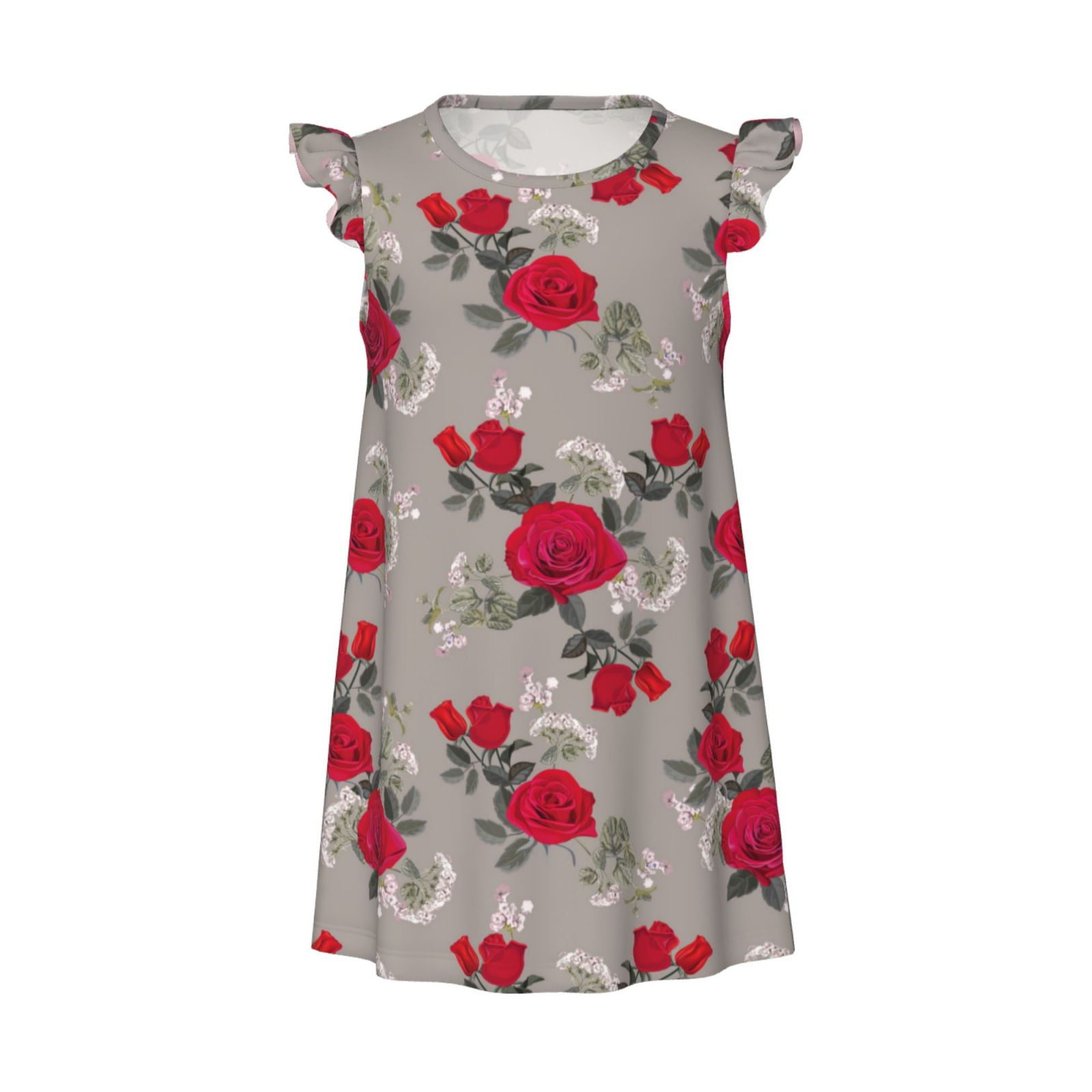 Red Rose Flowers Girls Nightgown, Flutter Short Sleeves Night Dress ...