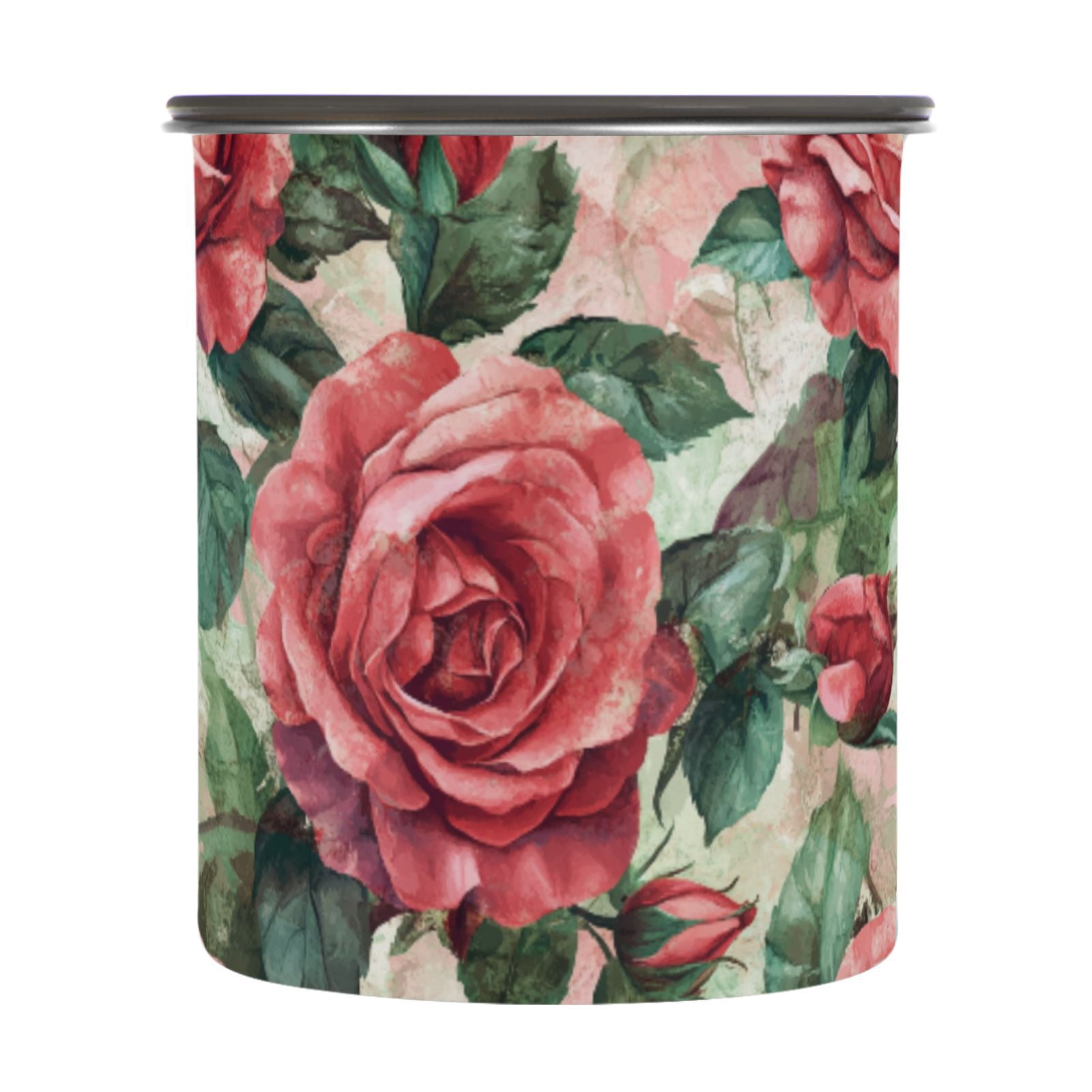 Red Rose Flowers Painting Airtight Coffee Bean Canister 30oz Food Storage Containers with Lids For Gournd, Tea, Sugar, Flour, Rice, Cereal, Candy Cookie Jar