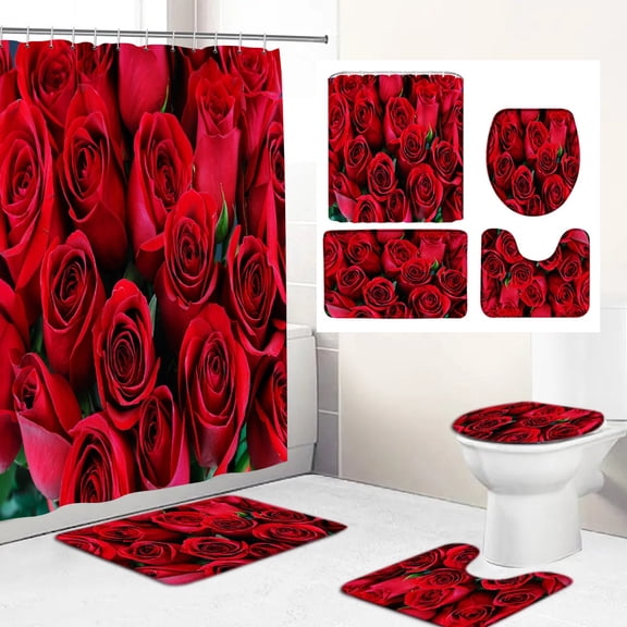 Red Rose Flowers Pattern Shower Curtain Set with Rugs Waterproof Bathing Screen Anti-slip Toilet Lid Cover Rugs Bathroom Decor
