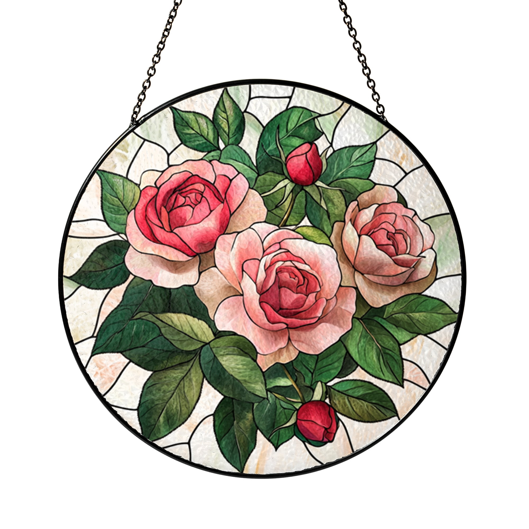 Window Flower Glass Red Rose Flowers Stained Glass Window Hanging Round Decorative Glass ...