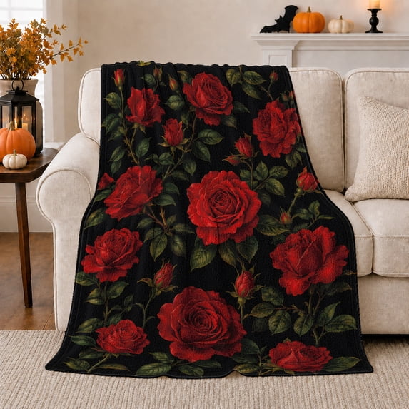 Red Rose Garden on Black with Green Leaves, Romantic Botanical Style for Rose Lovers, Classic Floral Bloom and Valentine's Day Gift, Cozy Flannel Blanket for Bedroom and Guest Room, Home Decor