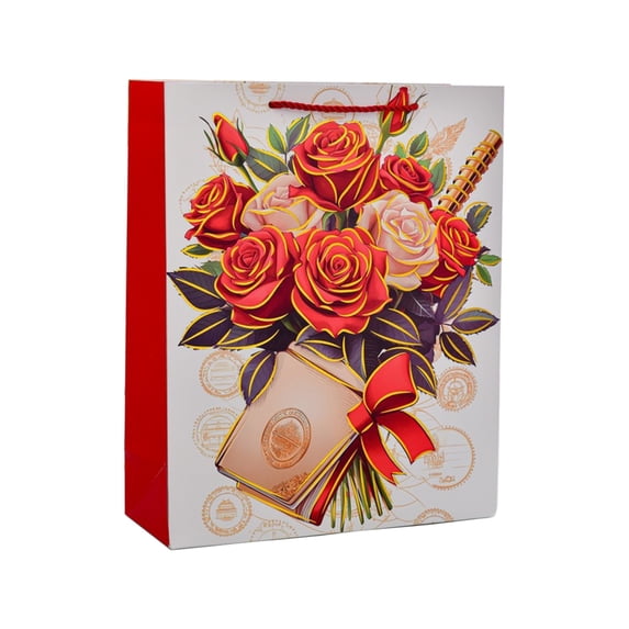 Red Rose Gift Bag – Romantic Paper Gift Bag with Handle, Reusable Holiday Packaging for Girlfriend, Valentine's Day, Qixi Festival, or Birthday
