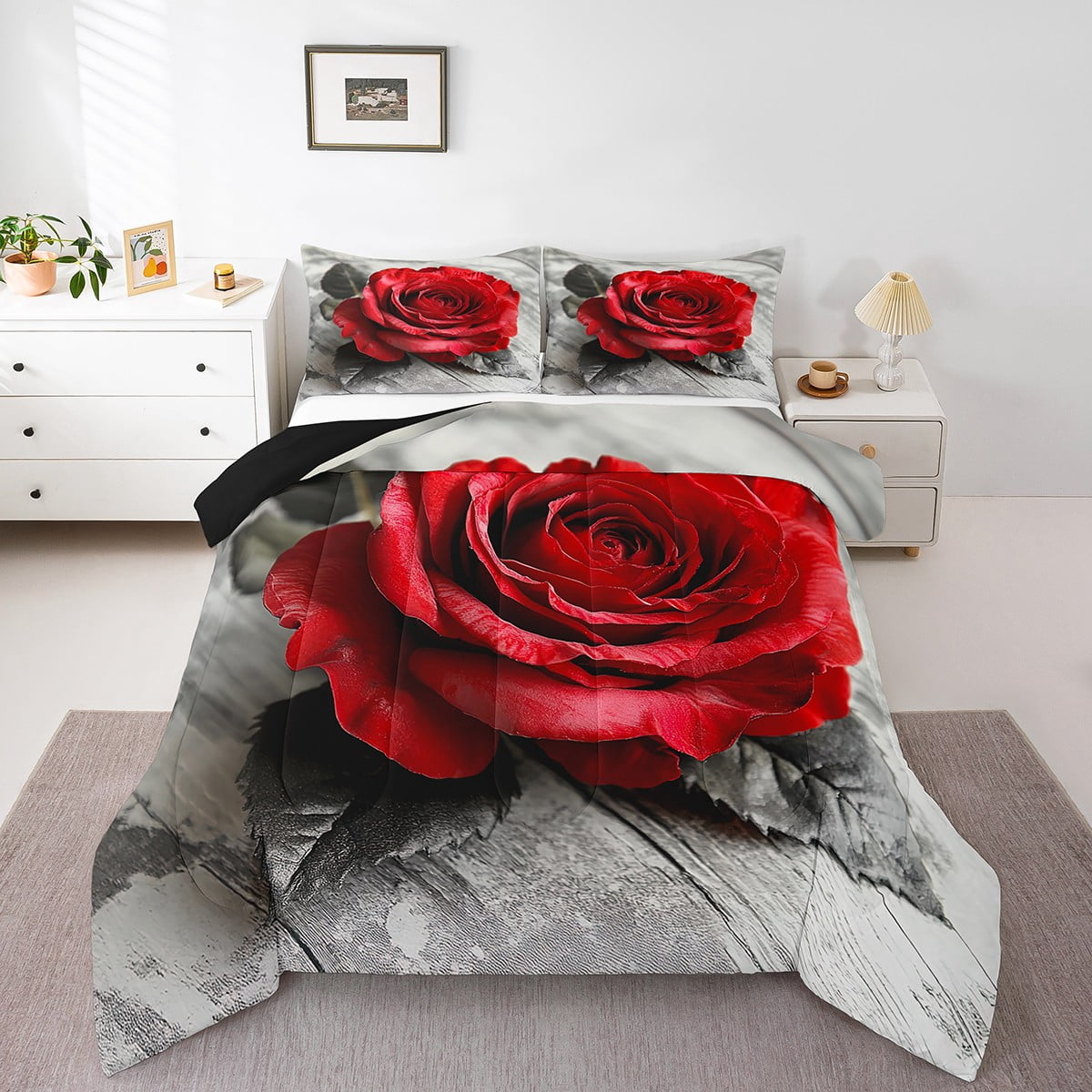 Image showcasing Red Rose Gray Black Comforter Set King Size,Valentine Couple Rose ...