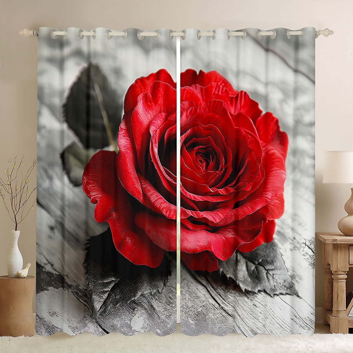 Red Rose Gray Black Curtains,Valentine Couple Rose Darkening Curtains ...