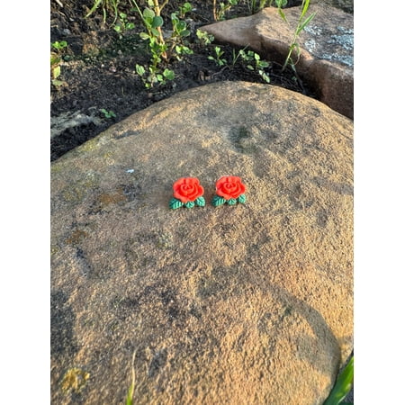 Red Rose Green Leaf Stud Post Earrings Gift