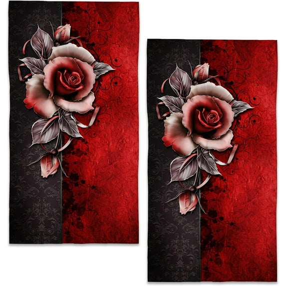 Red Rose Hand Towels Set of 2,28 x 14 Inch Vintage Flowers Bathroom Towel Soft Absorbent Kitchen Hotel Spa Laundry Room Gym Face Towel Decor