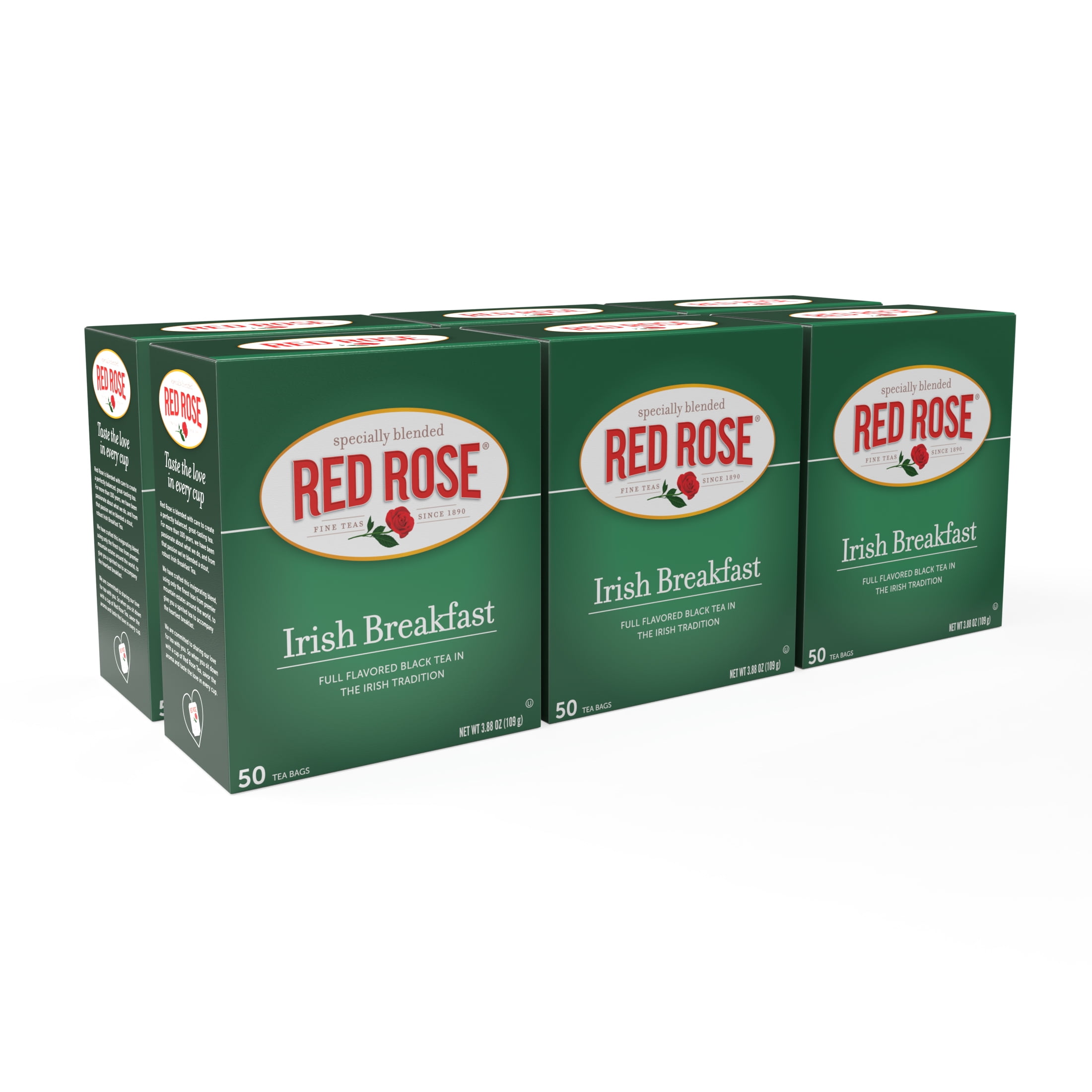 Red Rose Irish Breakfast Tea Specially Blended Strong Robust Black Tea with 50 Individually Wrapped Tea Bags Per Box (Pack of 6) Contains Caffeine Brew Hot/Cold Full Flavored Black Breakfast Tea