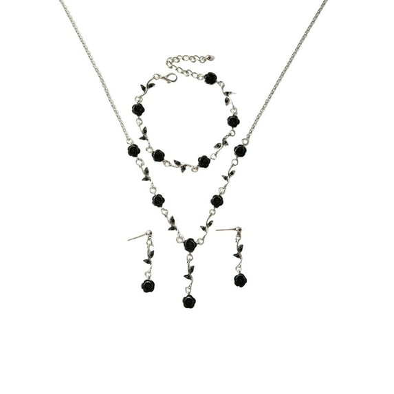 Red Rose Jewelry Set - Flower Pendant Necklace, Bracelet, Dangle Earrings for Women's Wedding, Prom, Valentine's Day, Birthday Party