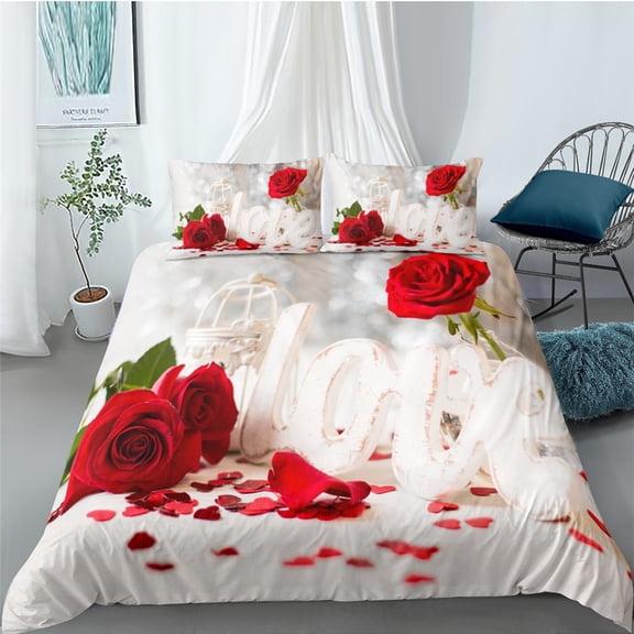 Valentine's Day Duvet Cover Set Wedding Rose Flower Bedding Set 2/3Pcs Luxurious Rose Heart Love Com