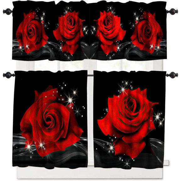 Red Rose Kitchen Curtain Valance,Romantic Family Decorative Boys Girls Bedroom Living Room Kitchen Rod Pocket Window Valance 3 Piece Set