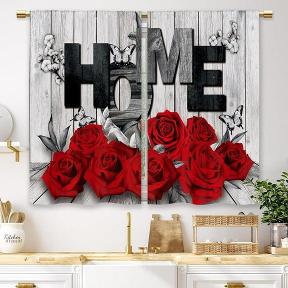 Red Rose Kitchen Curtains Farmhouse Wooden Floral Small Short Cafe Window Curtains Rustic Flower Black Red Rod Pocket Bathroom Window Drapes Treatment Tier Curtains 2 Panels (27.5x36 Inch)