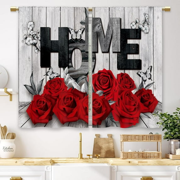 Red Rose Kitchen Curtains Farmhouse Wooden Floral Small Short Cafe Window Curtains Rustic Flower Black Red Rod Pocket Bathroom Window Drapes Treatment Tier Curtains 2 Panels (27.5x39 Inch)