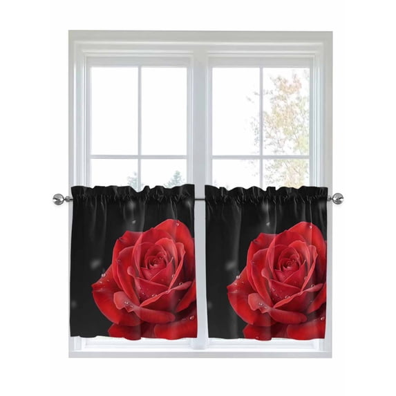 Red Rose Kitchen Curtains Tier 36 Inch Length, Abstract Spring Flowers Vintage Black Rod Pocket Light Filtering Window Curtains Living Room Bedroom Curtain Drapes Cafe Curtain 27.5''x36''x2