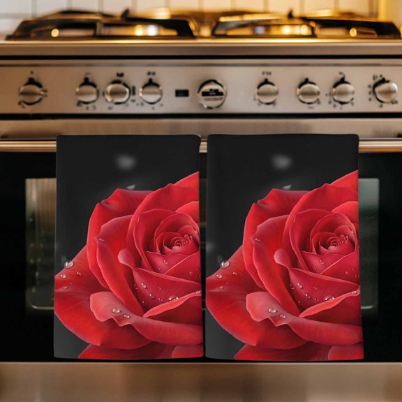 Red Rose Kitchen Towels Set of 1, Abstract Spring Flowers Vintage Black Absorbent Dish Towels for Kitchen, Microfiber Hand Towel, Quick Drying Tea Towel for Cleaning Decorative Dishcloths