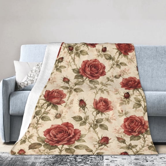 Red Rose Ladybug Floral Blanket Gift Throw Blanket Gift for Women Vintage Cottage Garden Home Decor 50x40