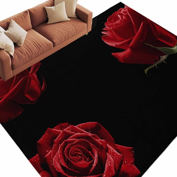 Red Rose Large Area Rugs for Bedroom Living Room, Soft Non Slip Carpet Bedside Rug, Vintage Abstract Garden Flower Floral Black Rectangular Floor Cover Kitchen Accent Rug 5'x8' for Dining Room/Office