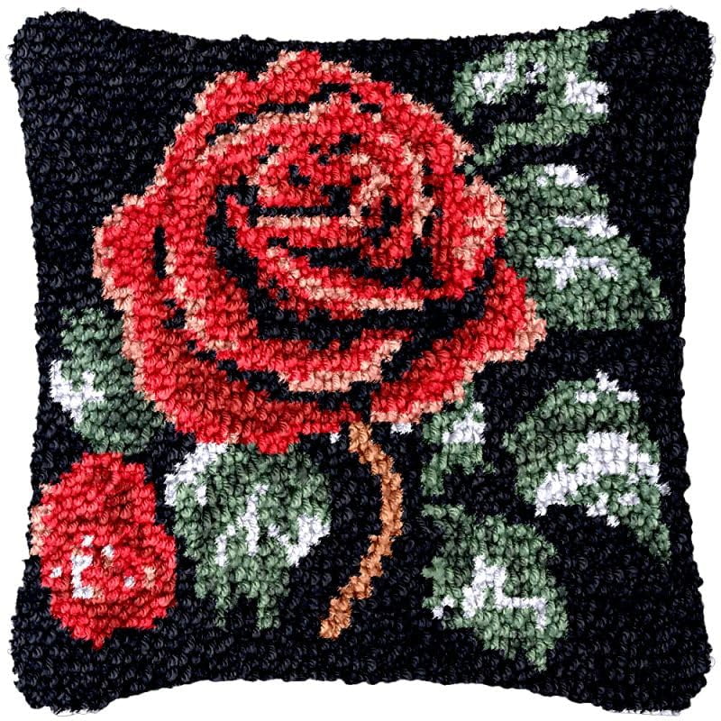 Red Rose Latch Hook Pillow Cover Kits for DIY Cushion Cross Stitch Crochet Hooking Latch Hook Pillowcase Rug Kits with Preprinted Canvas Crochet Yarn Kits Needlework Crafts 17'' X 17''