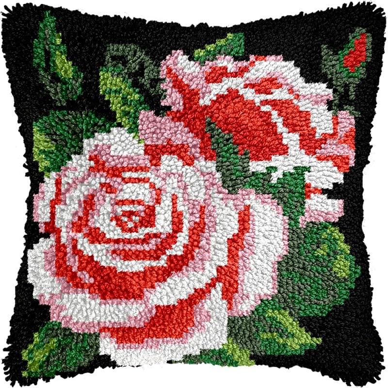 Red Rose Latch Hook Pillow Kits Pillow Cover with Pattern Printed Canvas Crochet Cross Hooking Pillowcase Cushion Crafts Embroidery Latch Hooking Crochet Kits 17x17 inch(112)