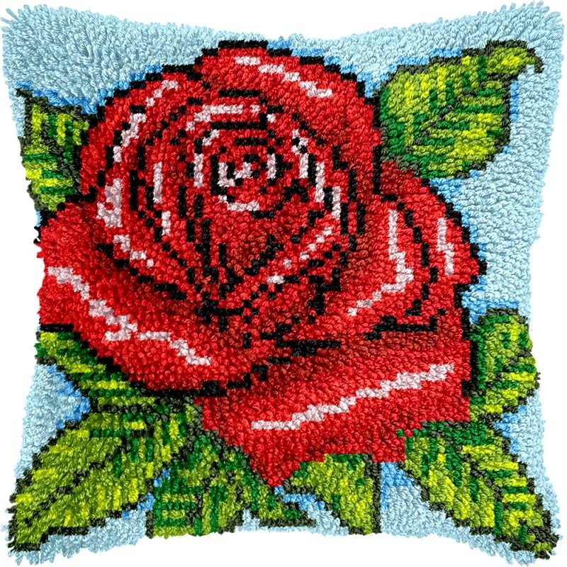 Red Rose Latch Hook Pillows Kits Cushion Pillow Cover with Pattern Printed Canvas Sofa Hooking Pillowcase Crafts Embroidery Latch Hooking Crochet Kits Set 17x17 inch(1)