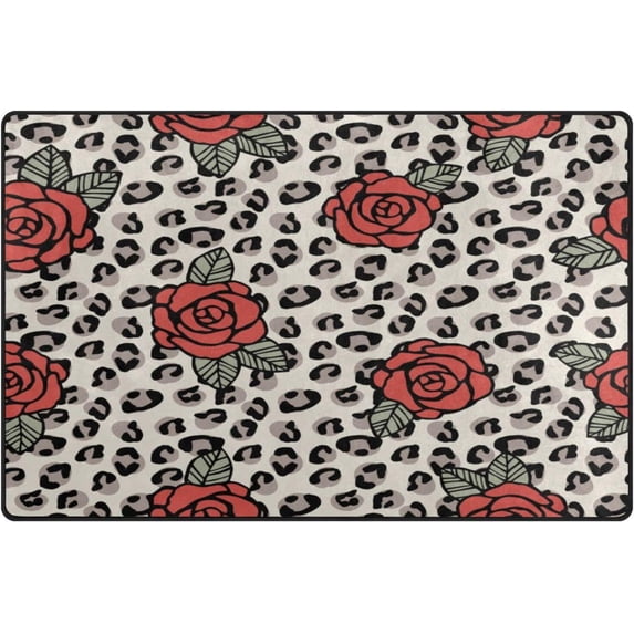 Red Rose Leopard Area Rugs Colorful Large Non-Slip Floor Matative Carpets Doormat for Kitchen Living Dining Dorm Playing Room Bedroom 60 x 39inch Home Decor