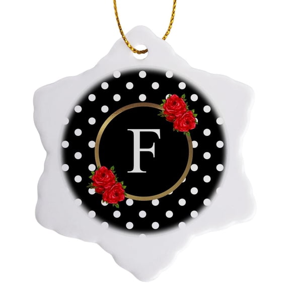 3drose, Red Rose Letter F Monogram Black and White Polka Dots with Flowers, 3 inch Snowflake Porcelain Ornament