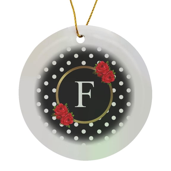 3drose, Red Rose Letter F Monogram Black and White Polka Dots with Flowers, Circle Porcelain Ornament