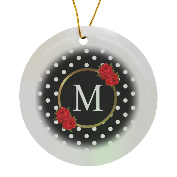 3drose, Red Rose Letter M Monogram Black and White Polka Dots with Flowers, Circle Porcelain Ornament