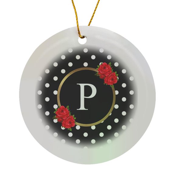 3drose, Red Rose Letter P Monogram Black and White Polka Dots with Flowers, Circle Porcelain Ornament