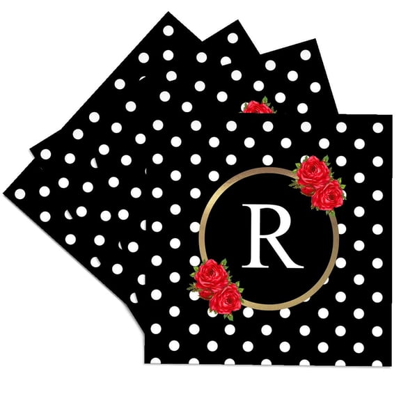 3drose, Red Rose Letter R Monogram Black and White Polka Dots with Flowers, Set of 4 Ceramic Tile Coasters