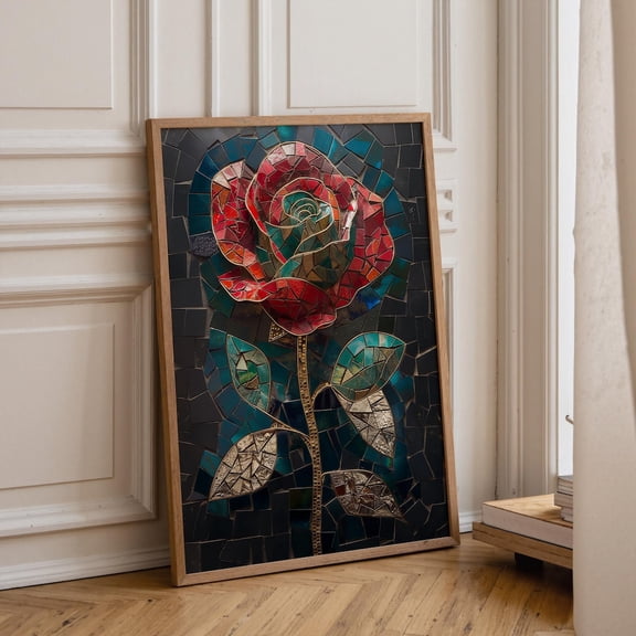 Red Rose Mosaic Floral Dark Romantic Botanical Decor Vintage Stained Glass Style, Unframed Poster