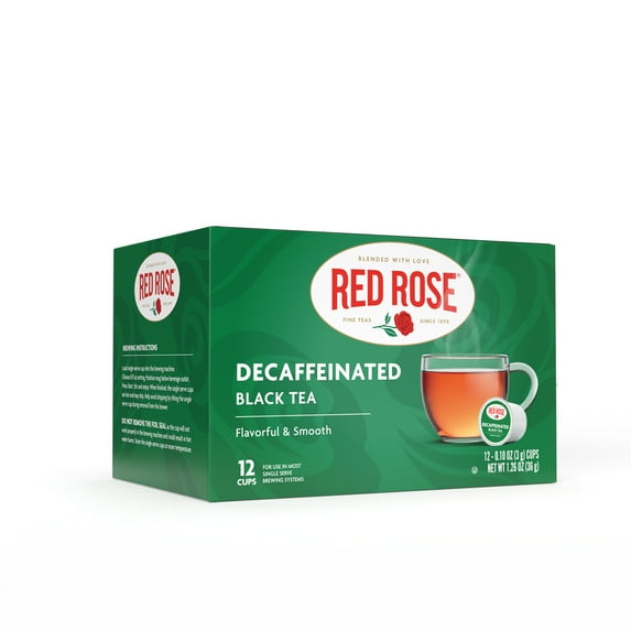 Red Rose Naturally Decaffeinated Black Tea Specially Blended Strong Black Tea with 12 Single Serve Tea K-Cups Per Brew Hot/Cold Decaf Full-bodied Black Tea K-Cups Single Serve Cups