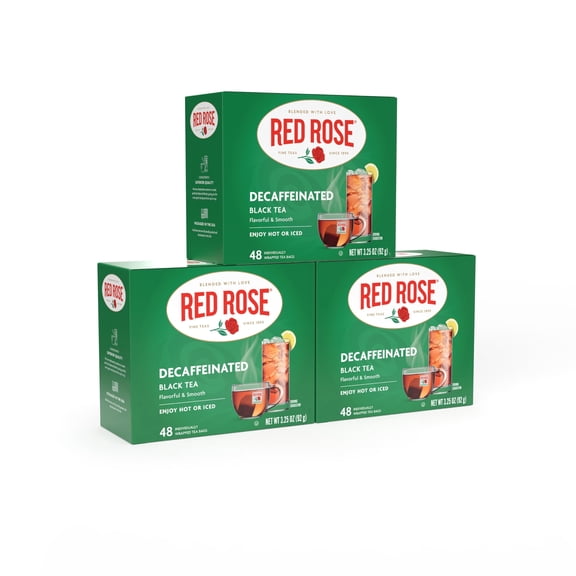 Red Rose Naturally Decaffeinated Black Tea Specially Blended Strong Black Tea with 48 Individually Wrapped Tea Bags Per Box (Pack of 3) Brew Hot/Cold Decaf Black Tea Full-bodied Flavorful Black Tea