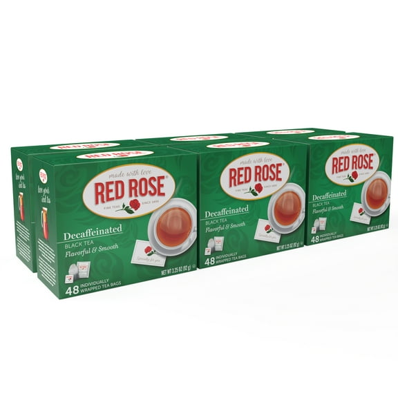 (6 pack) Red Rose Naturally Decaffeinated Black Tea Specially Blended Strong Black Tea with 48 Individually Wrapped Tea Bags Per Box (Pack of 2) Brew Hot/Cold Decaf Black Tea Full-bodied Flavorful Black Tea